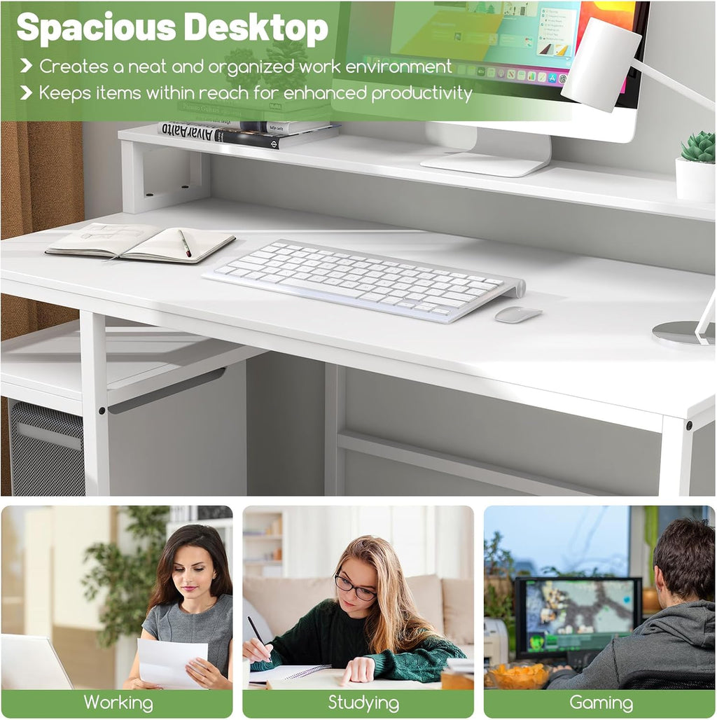 COSTWAY 66-inch Computer Desk with Power Outlet, Office Desk with Monitor Stand, Printer Shelf, File Drawer, CPU Stand, Modern Home Office Desk Computer Workstation, White
