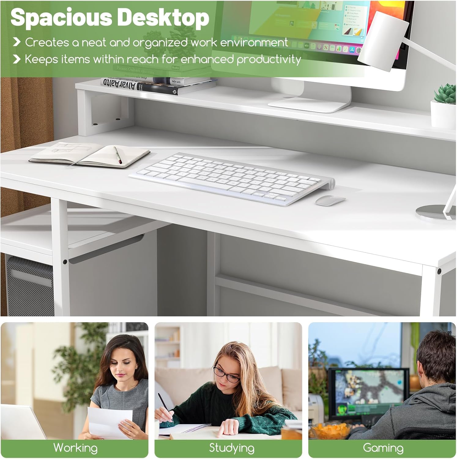 COSTWAY 66-inch Computer Desk with Power Outlet, Office Desk with Monitor Stand, Printer Shelf, File Drawer, CPU Stand, Modern Home Office Desk Computer Workstation, White