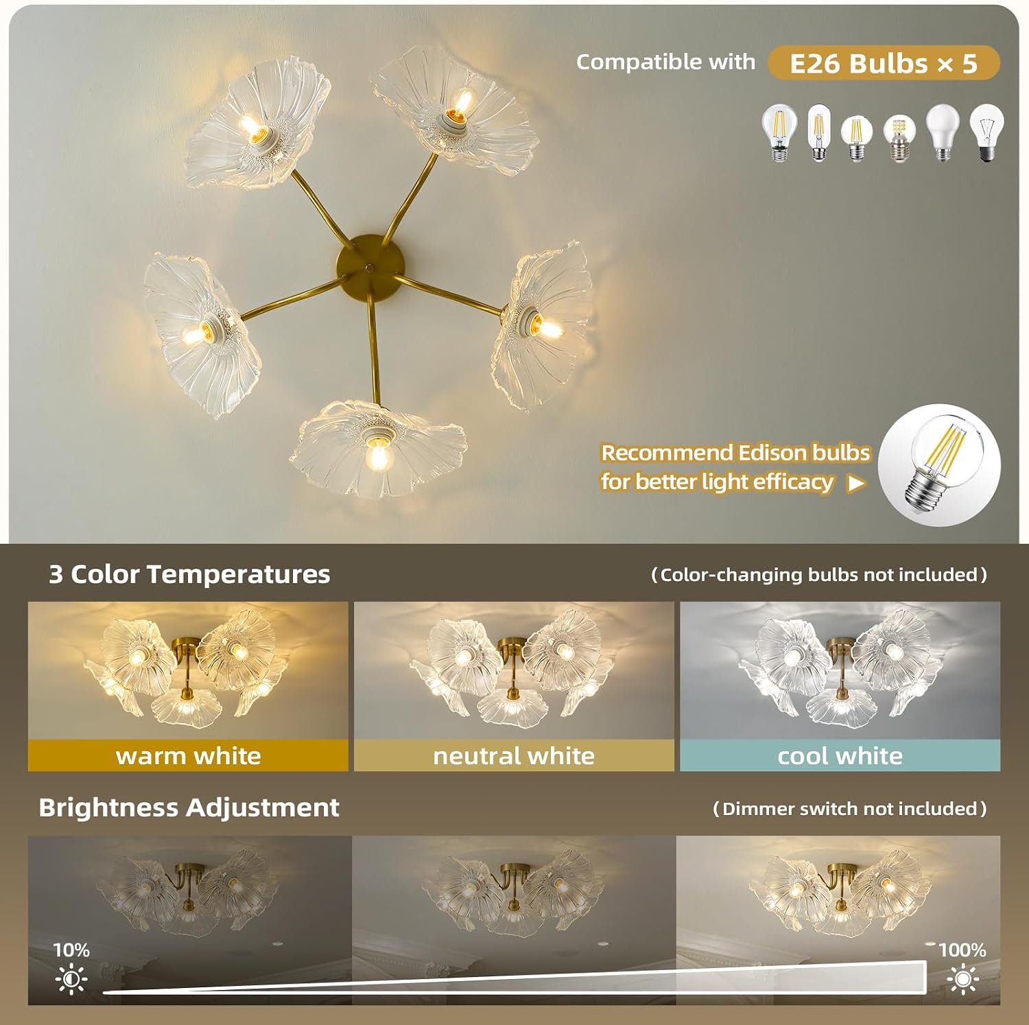 Flower Glass 5 Lights Ceiling Light - Gold Vintage Floral Semi Flush Mount Chandelier Lightin Fixture - Mid Century Modern Art Deco Lamp for Bedroom Bathroom Hallway Hall Laundry Kitchen Dining Room