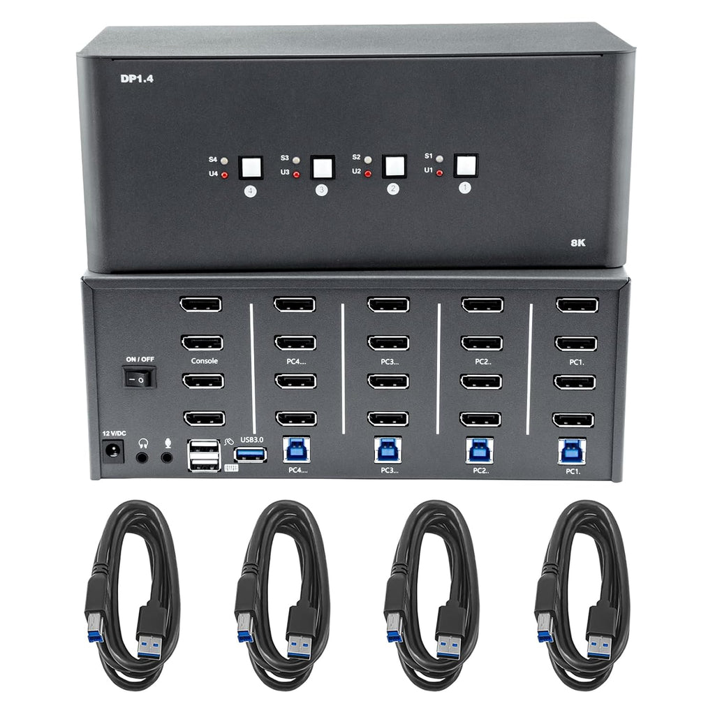 KVM Switch 4 Monitors 4 Computers, 8k Displayport Switch with USB 3.0, Jack, 4 Computers Share a Set of Keyboard, Mouse, Support Windows/Mac/Linux (Quad Monitor)