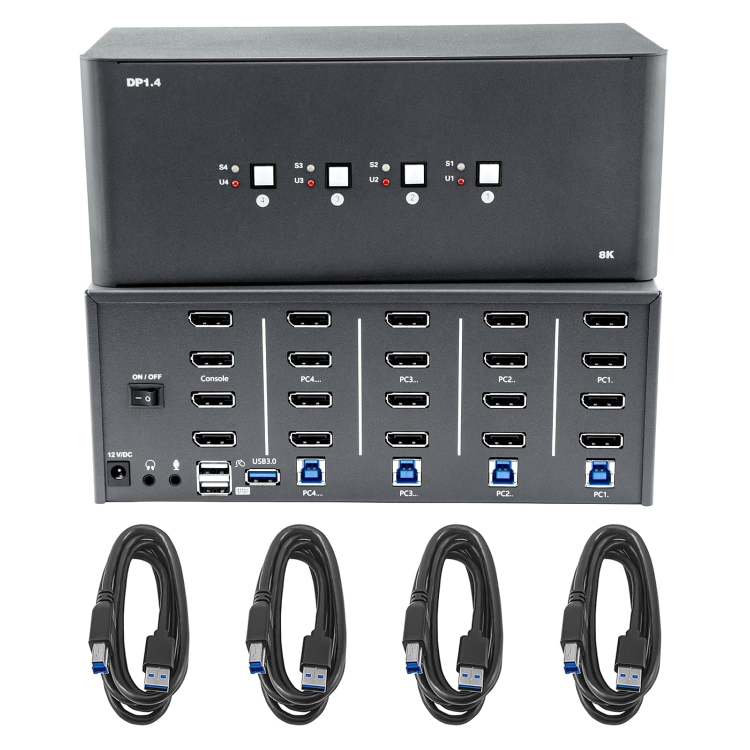 KVM Switch 4 Monitors 4 Computers, 8k Displayport Switch with USB 3.0, Jack, 4 Computers Share a Set of Keyboard, Mouse, Support Windows/Mac/Linux (Quad Monitor)