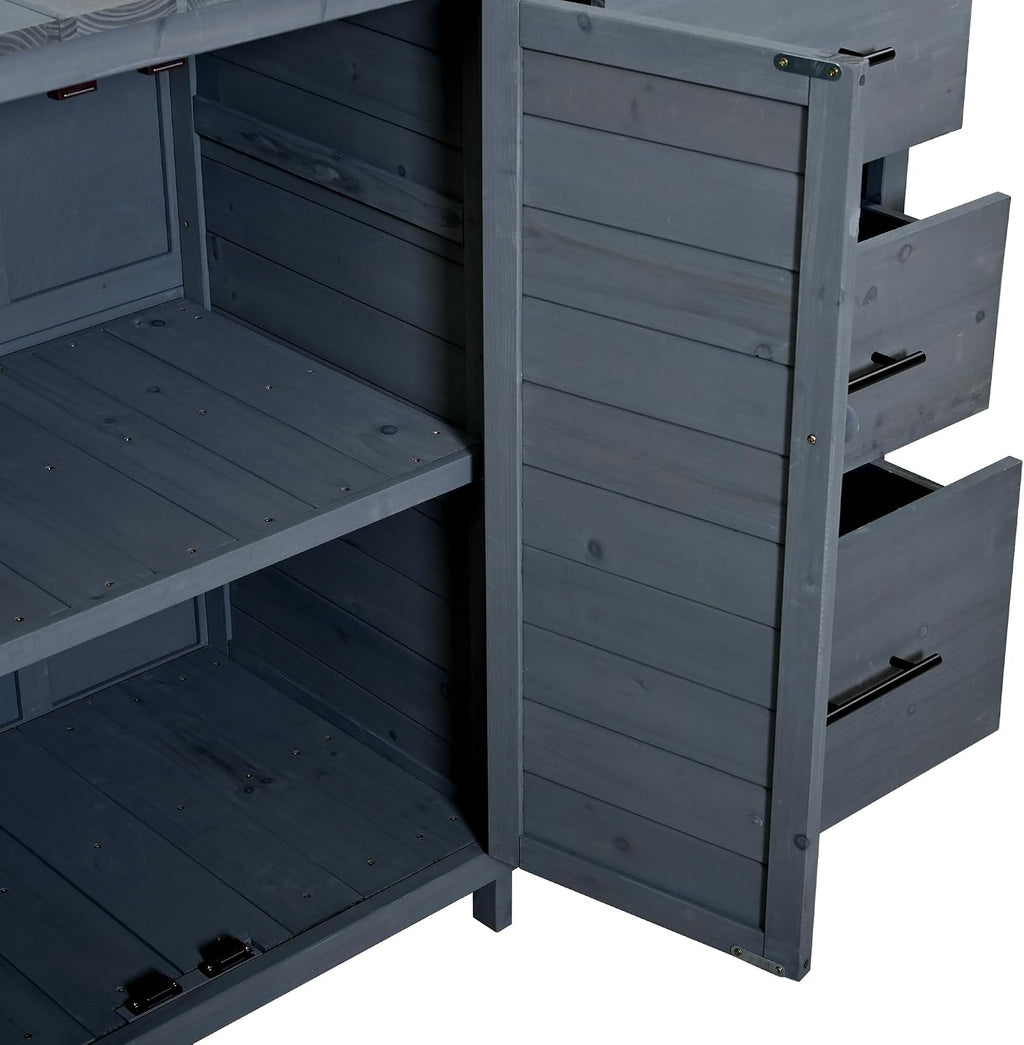 Farmhouse Patio Potting Bench, 44.6''x19.5'' Large Freestanding Garden Workstation with 6 Drawers and Side Hook, Outdoor Kitchen Island (Gray-2)
