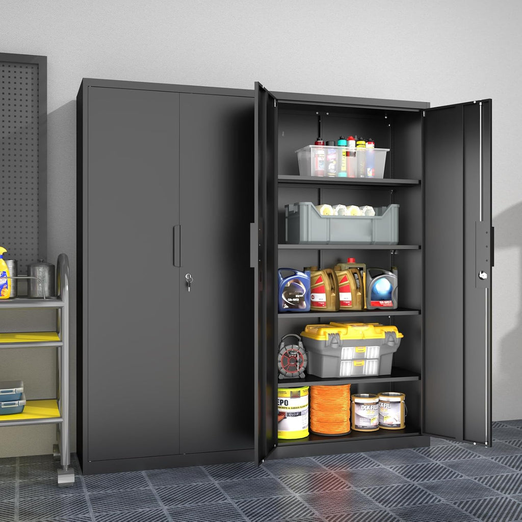 Metal Garage Storage Cabinet with Lock, 71' Tall Steel Storage Locker with 4 Adjustable Shelves, Heavy Duty Metal Cabinet for Garage, Office, Home, 31.5'W × 16.5'D, Black