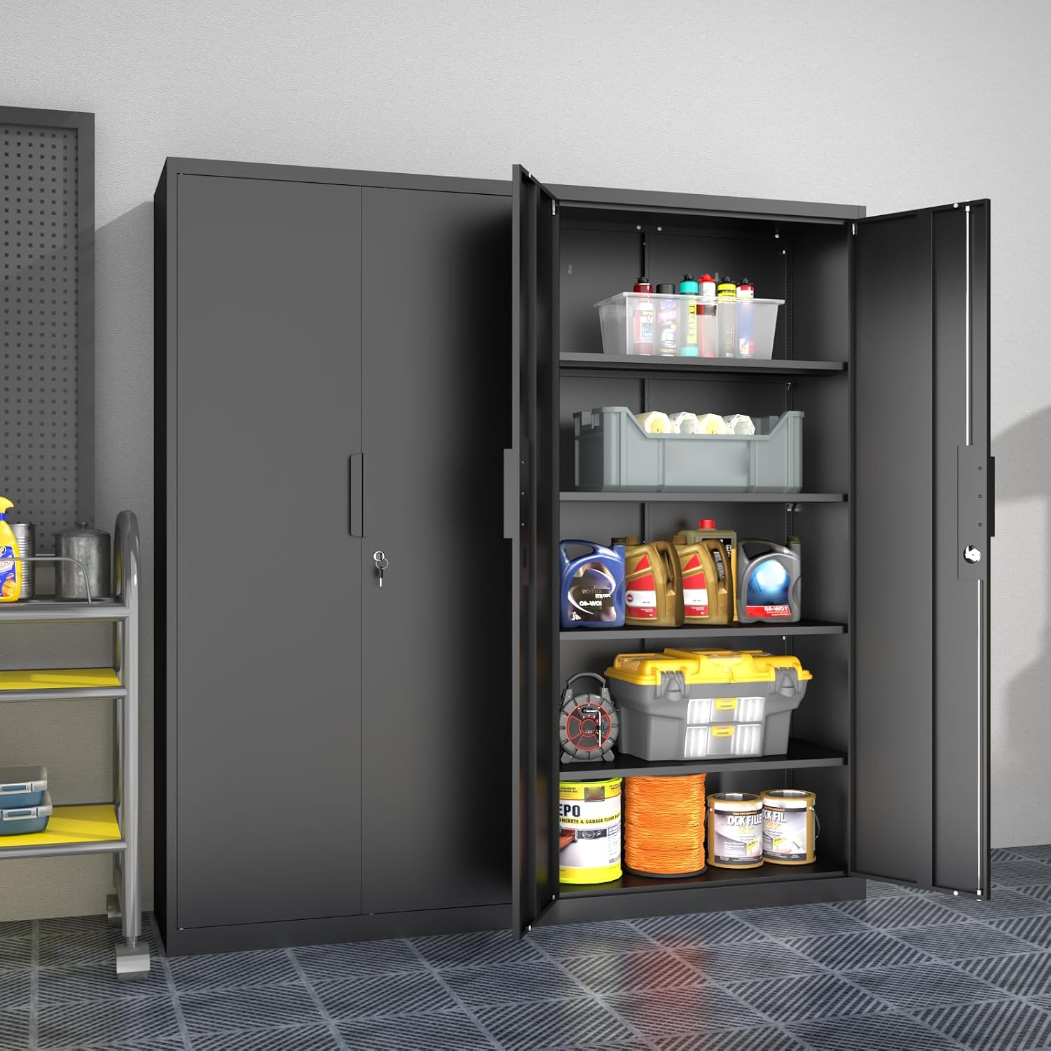 Metal Garage Storage Cabinet with Lock, 71' Tall Steel Storage Locker with 4 Adjustable Shelves, Heavy Duty Metal Cabinet for Garage, Office, Home, 31.5'W × 16.5'D, Black