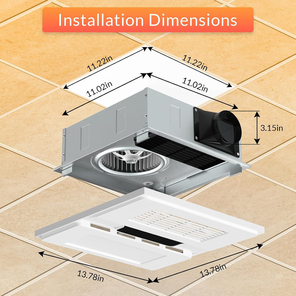 1800W Bathroom Exhaust Fan with Light and Heater, 110 CFM 4-in-1 Ceiling Vent Fan, 1.0 Sone Quiet Operation, 11.2' x 11.2' Ceiling Cutout, 13.8' Grille, 6500K LED Light, Metal Housing