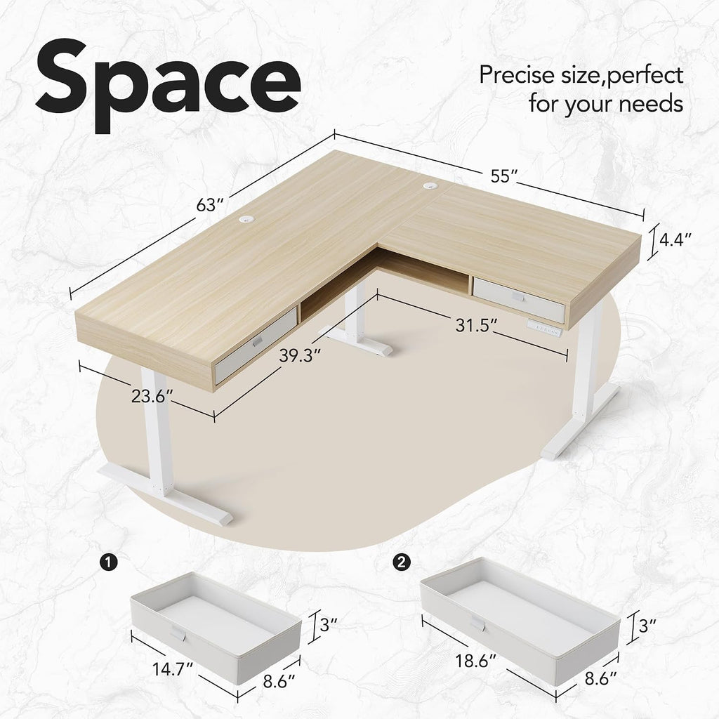 HUANUO Electric L Shaped Standing Desk, 63″ Height Adjustable Corner Standing Desk with 2 Under Desk Drawers & Open Storage Sapce, Stand Up Table with Power Strip Tray & Cable Grommets, Light Walnut