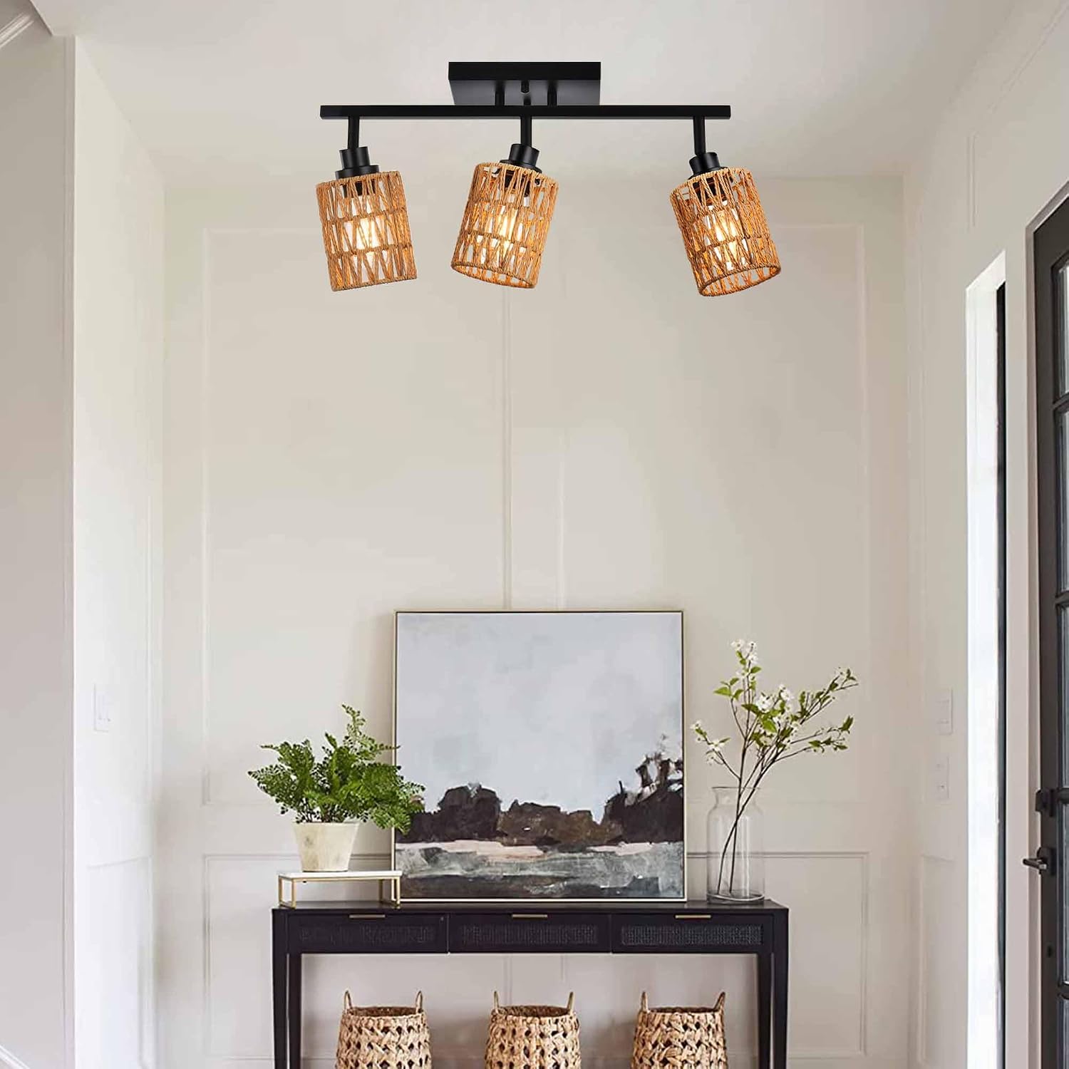 MELUCEE 3 Light Track Lighting Fixtures Ceiling, Black Farmhouse Vanity Lighting Fixtures with Rotatable Light Head for Hallway Porch Foyer Bath Storage, Rattan Lamp Shade