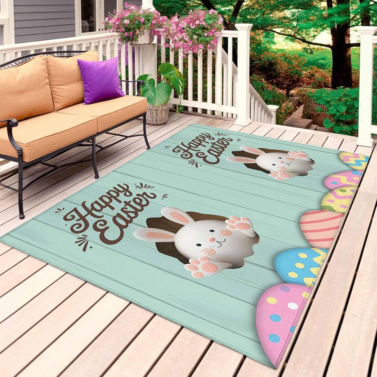 Green Easter Outdoor Rug for Patio/Deck/Porch, Non-Slip Large Area Rug 5 x 8 Ft, Spring Cartoon Bunny Colorful Eggs Wood Grain Indoor Outdoor Rugs Washable Area Rugs, Camping Rug Carpet Runner