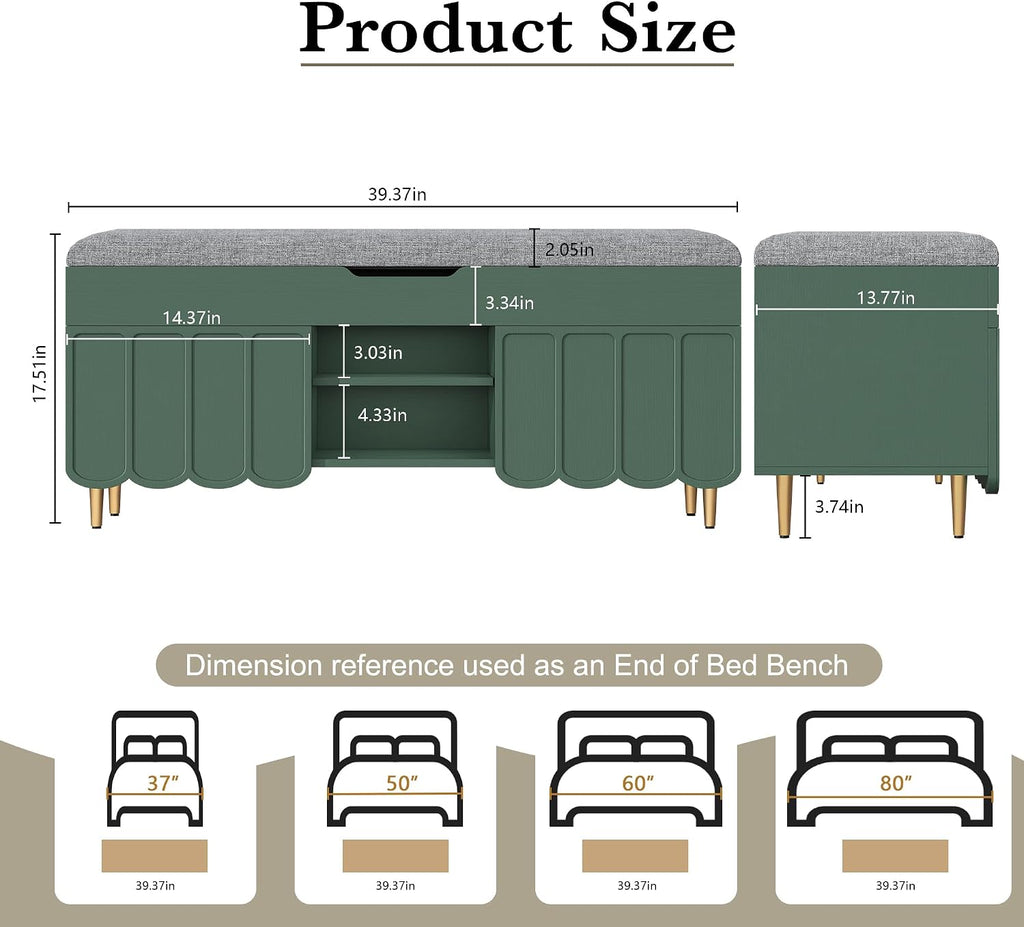 3More 40' Entryway Shoe Storage Bench,Upholstered Hidden Space Beneath Seat Cushion Bench,2-Tier Unique Geometric Shape with Wood Grain,Green