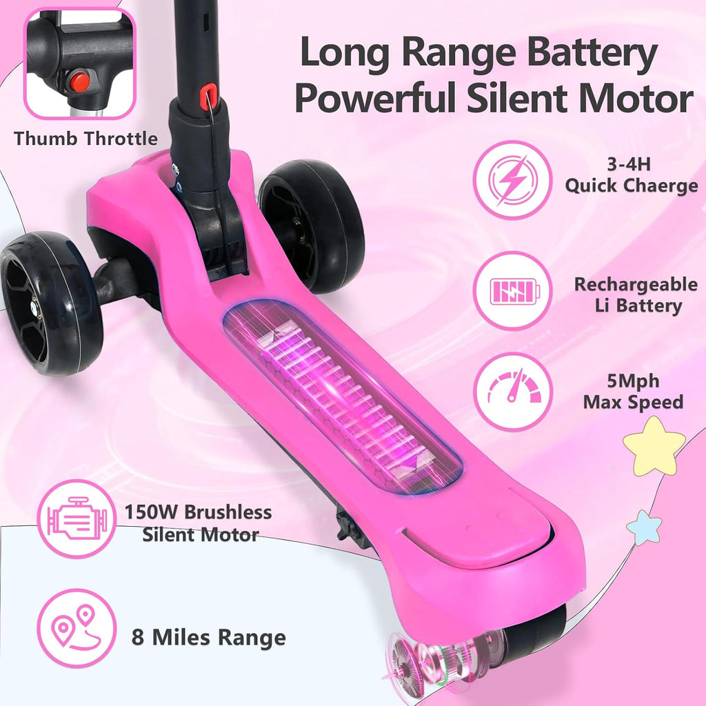 Electric Scooter for Kids Ages 3-12, Full Body Lights Up, Wide Deck, 3 Adjustable Heights, 5MPH Safe Speed, 90min Riding, Foldable 3 Wheel Electric Scooter for Kids Boys Girls Toddler