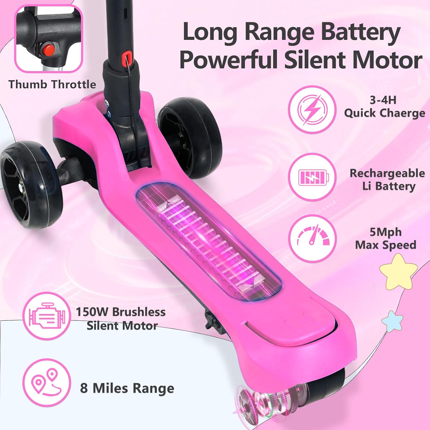 Electric Scooter for Kids Ages 3-12, Full Body Lights Up, Wide Deck, 3 Adjustable Heights, 5MPH Safe Speed, 90min Riding, Foldable 3 Wheel Electric Scooter for Kids Boys Girls Toddler