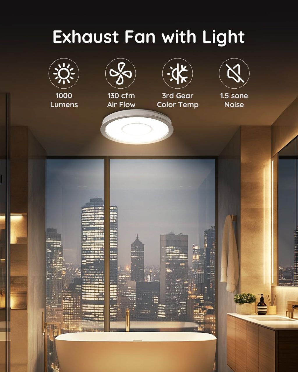 Fitop Bathroom Exhaust Fan with Light, 130 CFM 47W Ceiling Mount Shower Ventilation Exhaust Fan, 1.5 Sones Bathroom Vent Fan with Light, 1100LM LED Light 3000K/4000K/5000K (Silver)