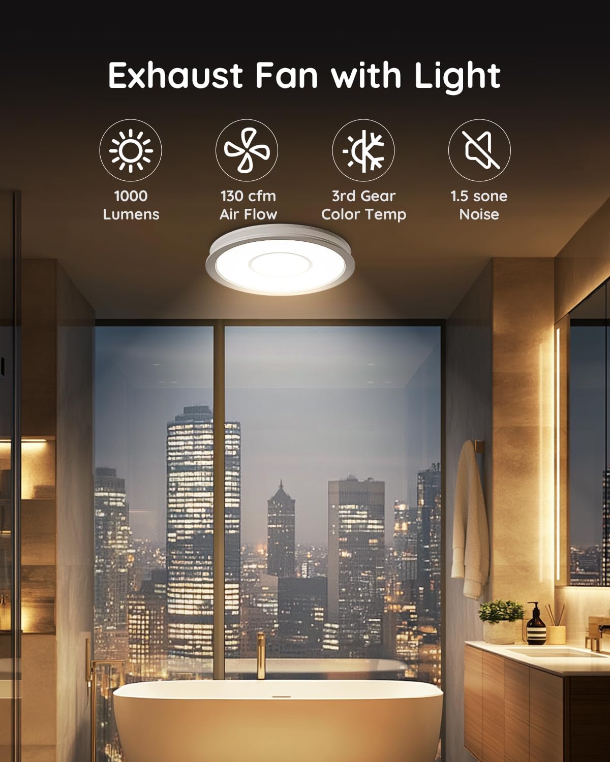 Fitop Bathroom Exhaust Fan with Light, 130 CFM 47W Ceiling Mount Shower Ventilation Exhaust Fan, 1.5 Sones Bathroom Vent Fan with Light, 1100LM LED Light 3000K/4000K/5000K (Silver)