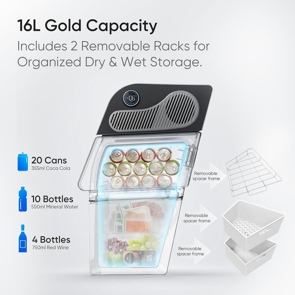 Tesla Model Y Car Refrigerator 2020-2024 (5-Seater Only) | 16.9Qt Fridge Hidden Trunk-Side Install,21.2°F Cooling with Knob & APP Control, 3-Mode Adjustable Chill,Ultra-Low Power for Camping & Travel
