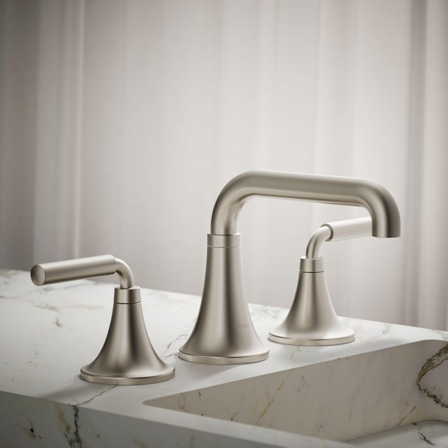 KOHLER K-27416-4-BN Tone™ Widespread Bathroom Sink Faucet, 3-Hole, Widespread Bathroom Faucets with Two Lever Handles and Clicker Drain, 1.2 GPM, Vibrant Brushed Nickel