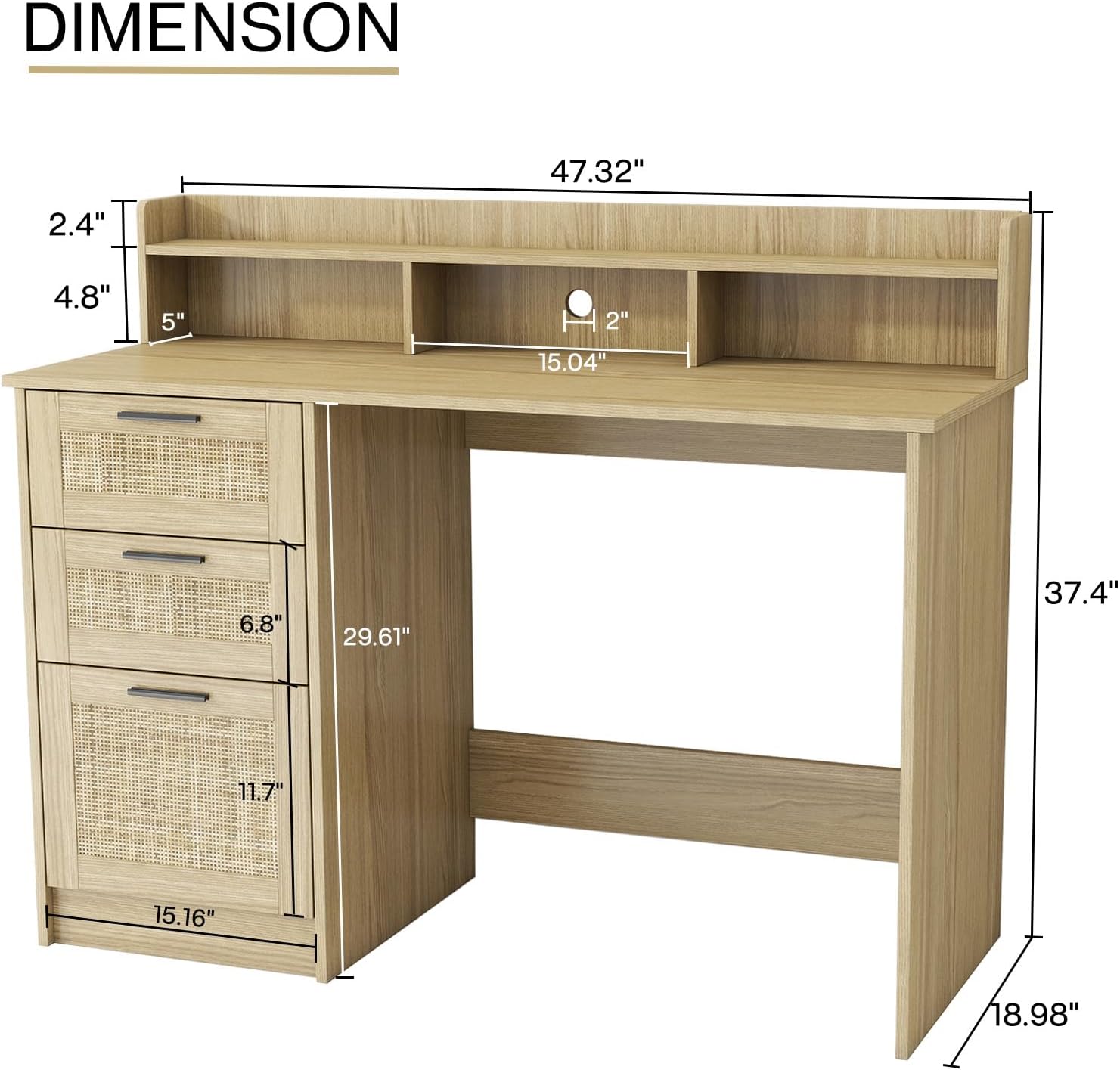 FUNKOCO Computer Desk with Rattan Drawers and Hutch - 47 Inch Home Office Boho Writing Desk with Storage File Drawer & Monitor Stand, Modern Wood Computer Table