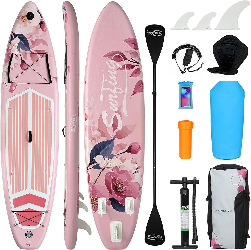 YUSING 11' Inflatable Stand Up Paddle Board with Kayak Seat, Non-Slip Deck SUP Paddle Board with Premium Kayak and SUP Accessories & Backpack, Portable Standing Boat for Youth & Adult
