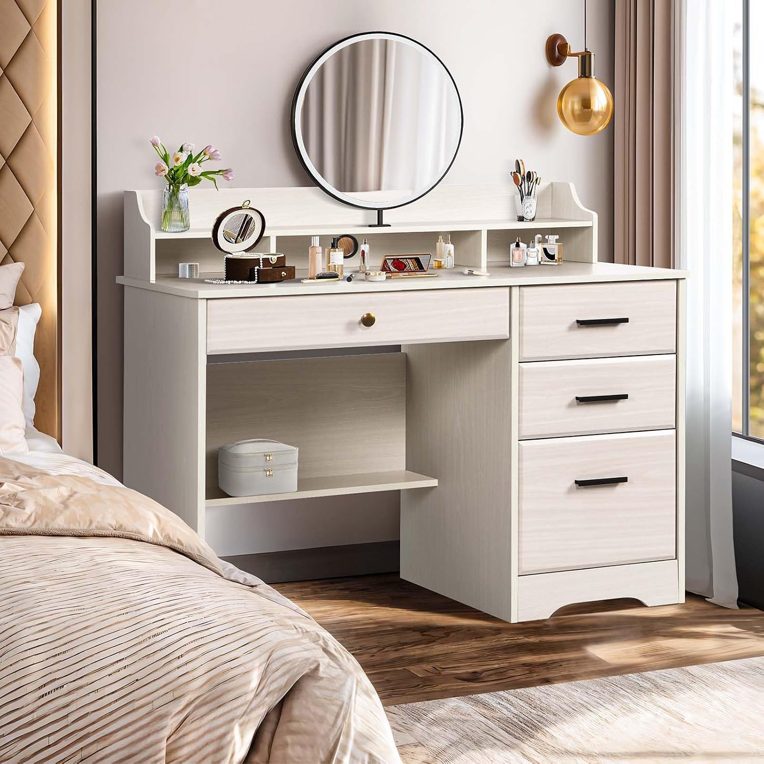 Catrimown Computer Desk with Drawers and Hutch, Farmhouse Home Office Desk, Wood Student Desk with File Drawer for Bedroom, Writing Table for Small Space, Warm White