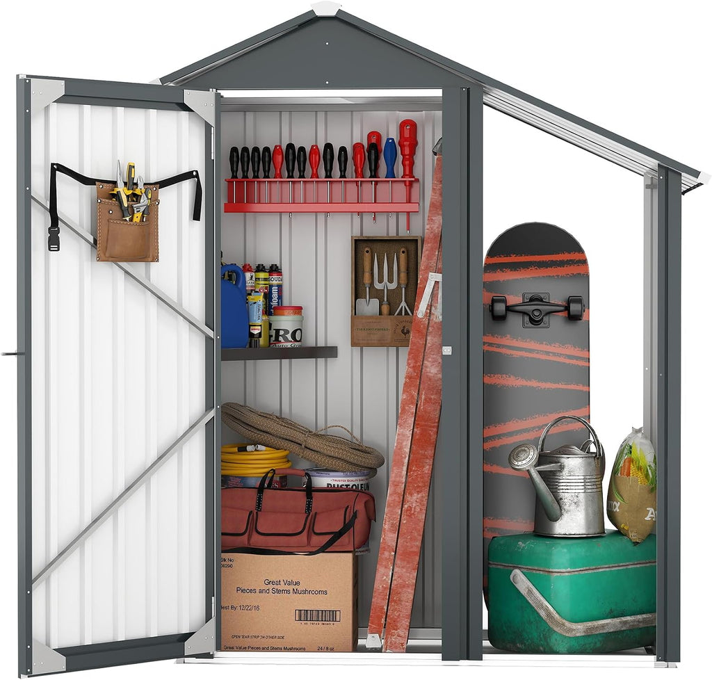 Small 5 × 2 FT Sheds & Outdoor Storage with Side Extension Roof, Waterproof Metal Outside Storage Shed with Sturdy Frame, Utility Tool Shed for Backyard Garden — Dark Gray