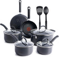 T-fal Ultimate Hard Anodized Nonstick Cookware Set 12 Piece, Oven Broiler Safe 400F, Lid Safe 350F, Kitchen Cooking Set w/Fry Pans, Saucepans, Dutch Oven, Pots and Pans, Dishwasher Safe, Onyx