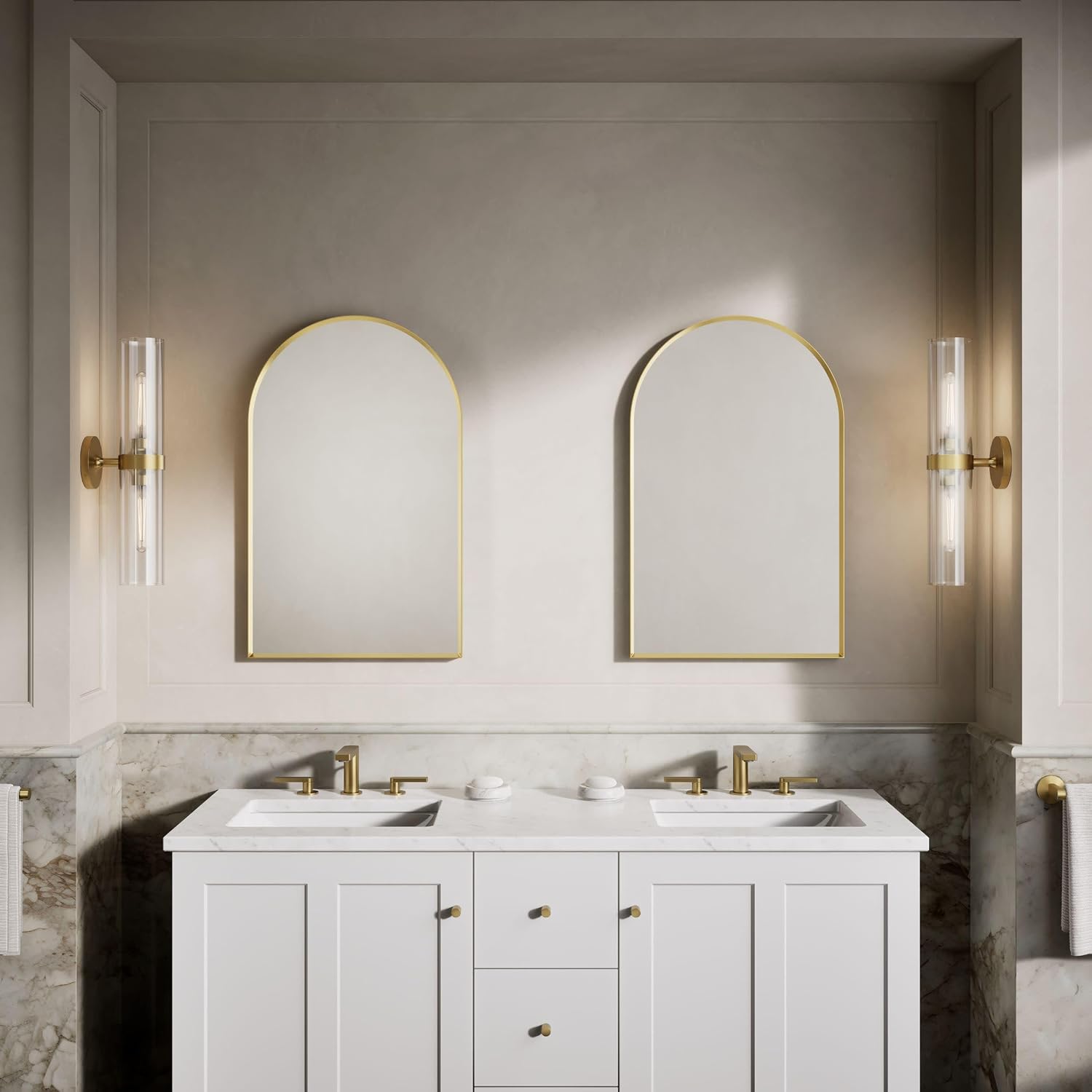 Essential 20 in. X 32 in. Arch Framed Mirror in Moderne Brushed Gold