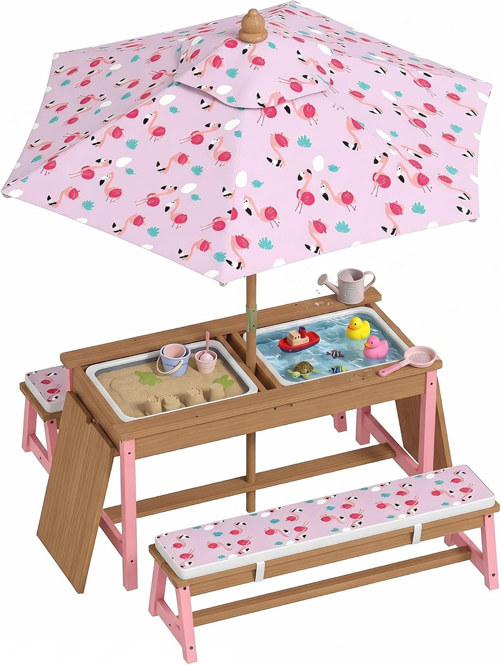 Qaba Kids Picnic Table, Wooden Table and Bench Set with Foldable Umbrella, Removable Cushions & Boxes, Flamingo Theme Children Activity Table Outdoor Furniture for Patio, Pink