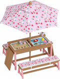 Qaba Kids Picnic Table, Wooden Table and Bench Set with Foldable Umbrella, Removable Cushions & Boxes, Flamingo Theme Children Activity Table Outdoor Furniture for Patio, Pink