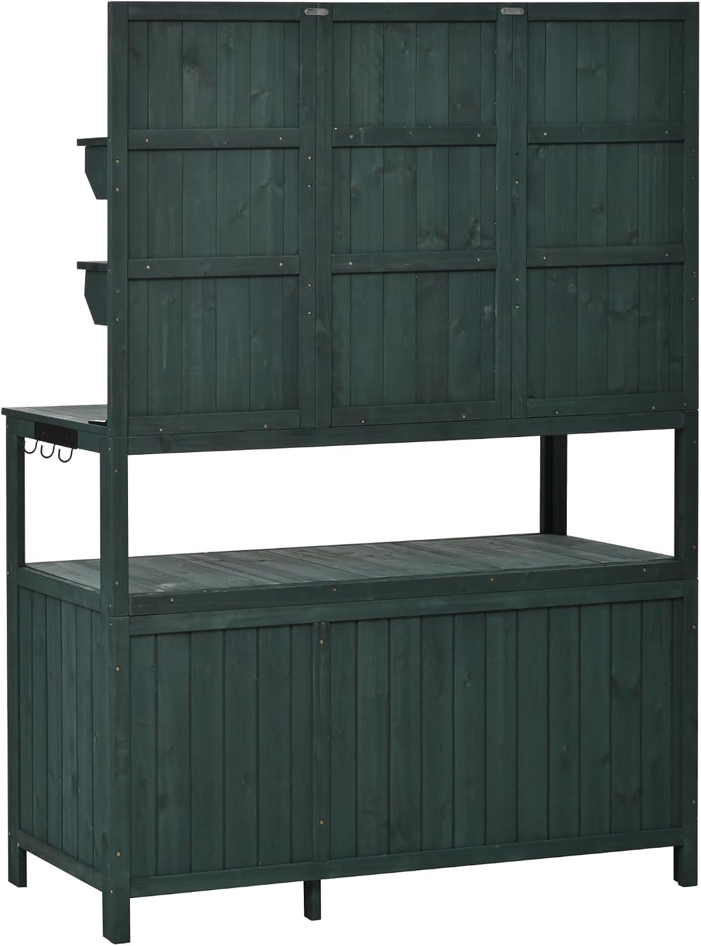 JIVOIT Outdoor Garden Potting Bench Table, 50.2' Solid Fir Wood Garden Workstation Work Bench, Outdoor Planting Table with Hutch, Large Countertop, 2 Shelves, 2 Cabinets, 3 Side Hooks