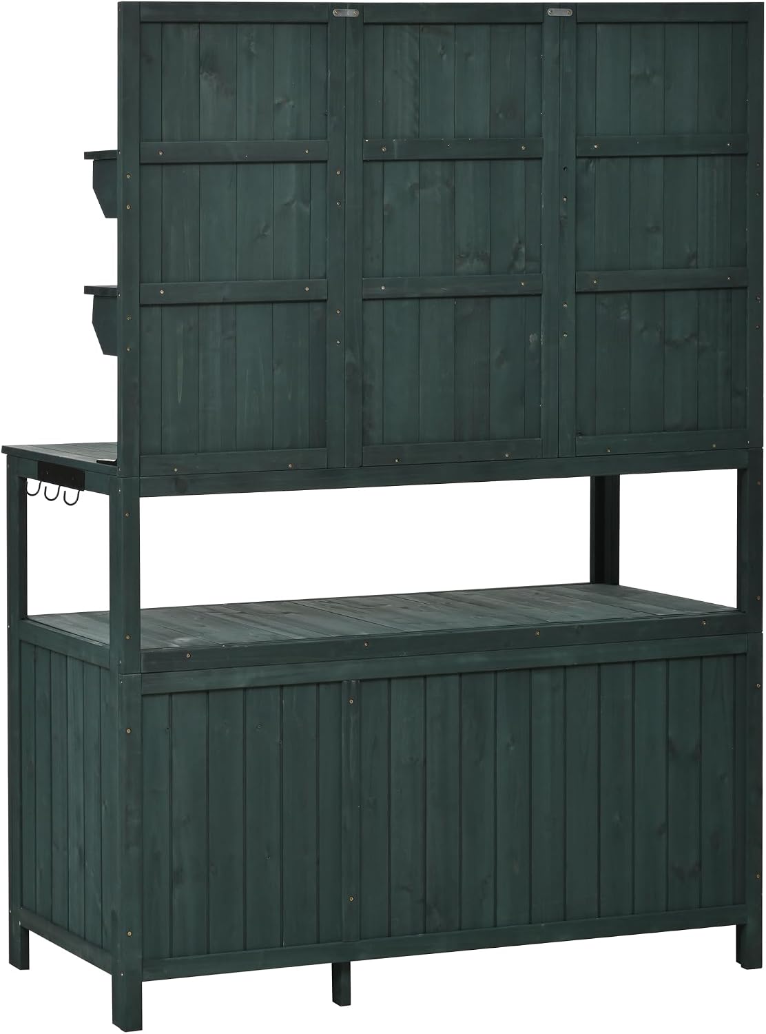 JIVOIT Outdoor Garden Potting Bench Table, 50.2' Solid Fir Wood Garden Workstation Work Bench, Outdoor Planting Table with Hutch, Large Countertop, 2 Shelves, 2 Cabinets, 3 Side Hooks
