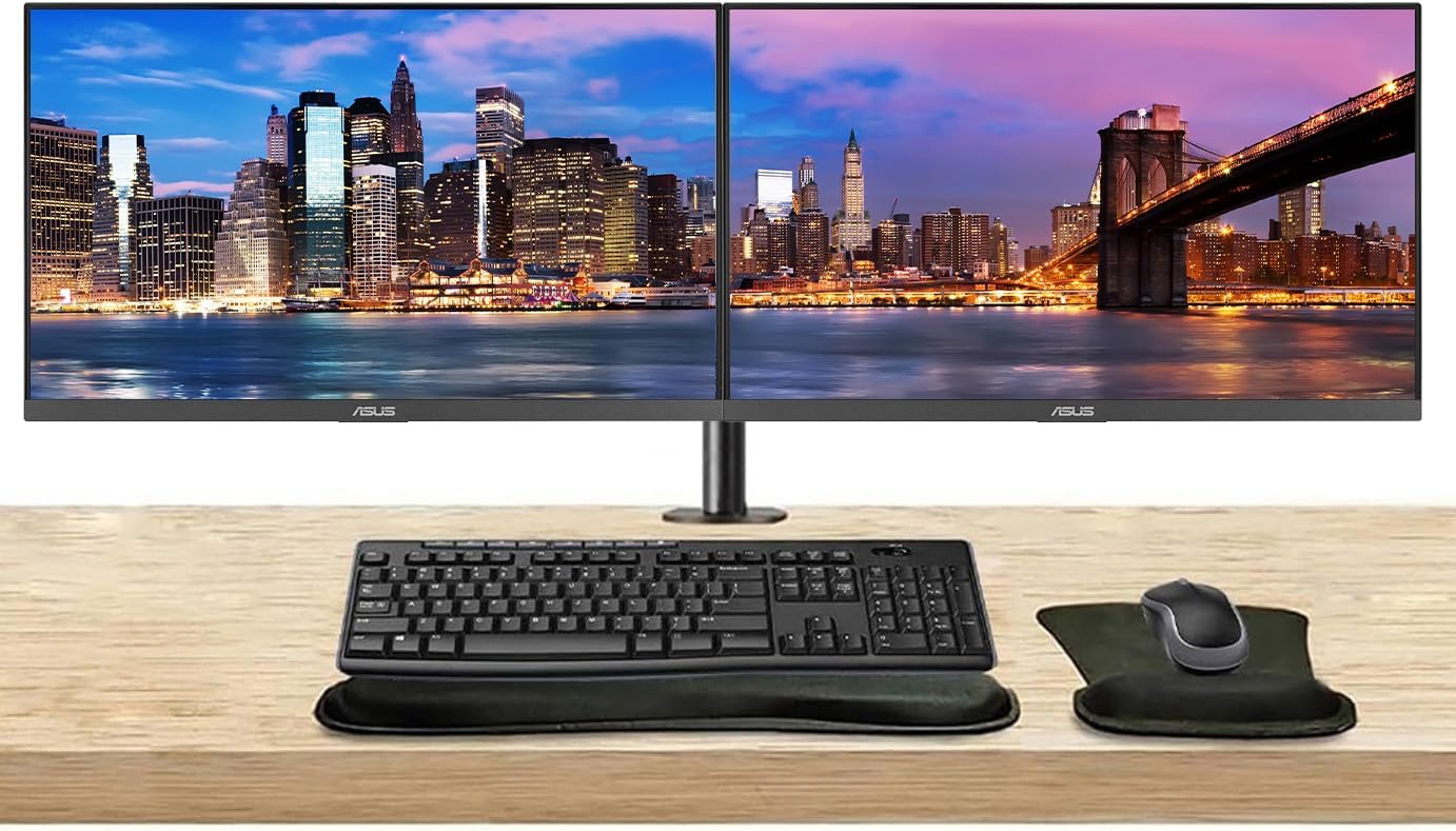 ASUS VA24EHF 24-inch 1080p FHD LCD Monitor, 2-Pack HDMI, Eye Care, Low Blue Light, 100Hz 1ms Desk Mount Dual Monitor Stand, MK270 Wireless Keyboard & Mouse, Gel Mouse & Wrist Pad
