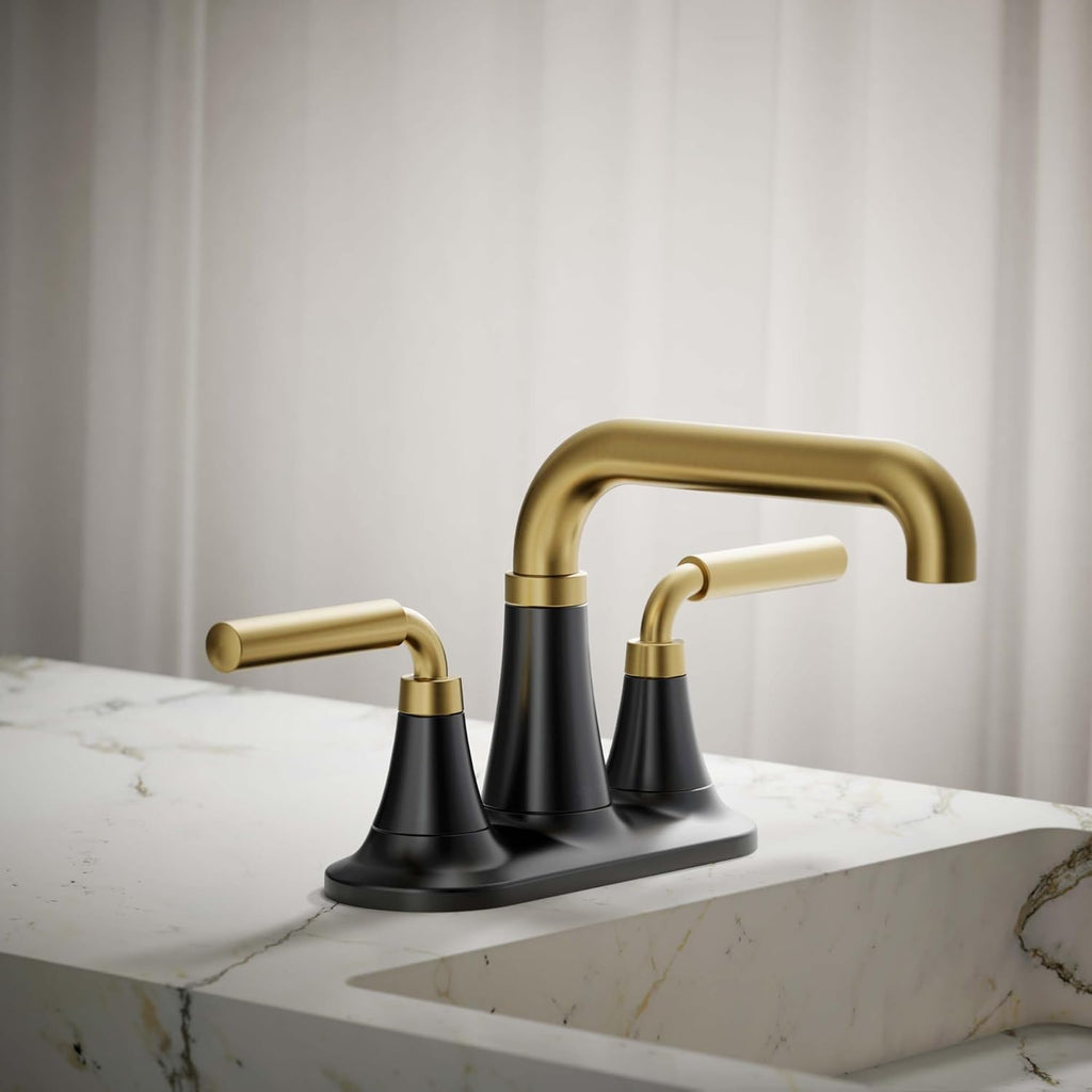 KOHLER K-27414-4K-BMB Tone™ Centerset Bathroom Sink Faucet, Clicker Drain, Bathroom Faucets, 1.0 GPM, Matte Black with Brushed Moderne Brass