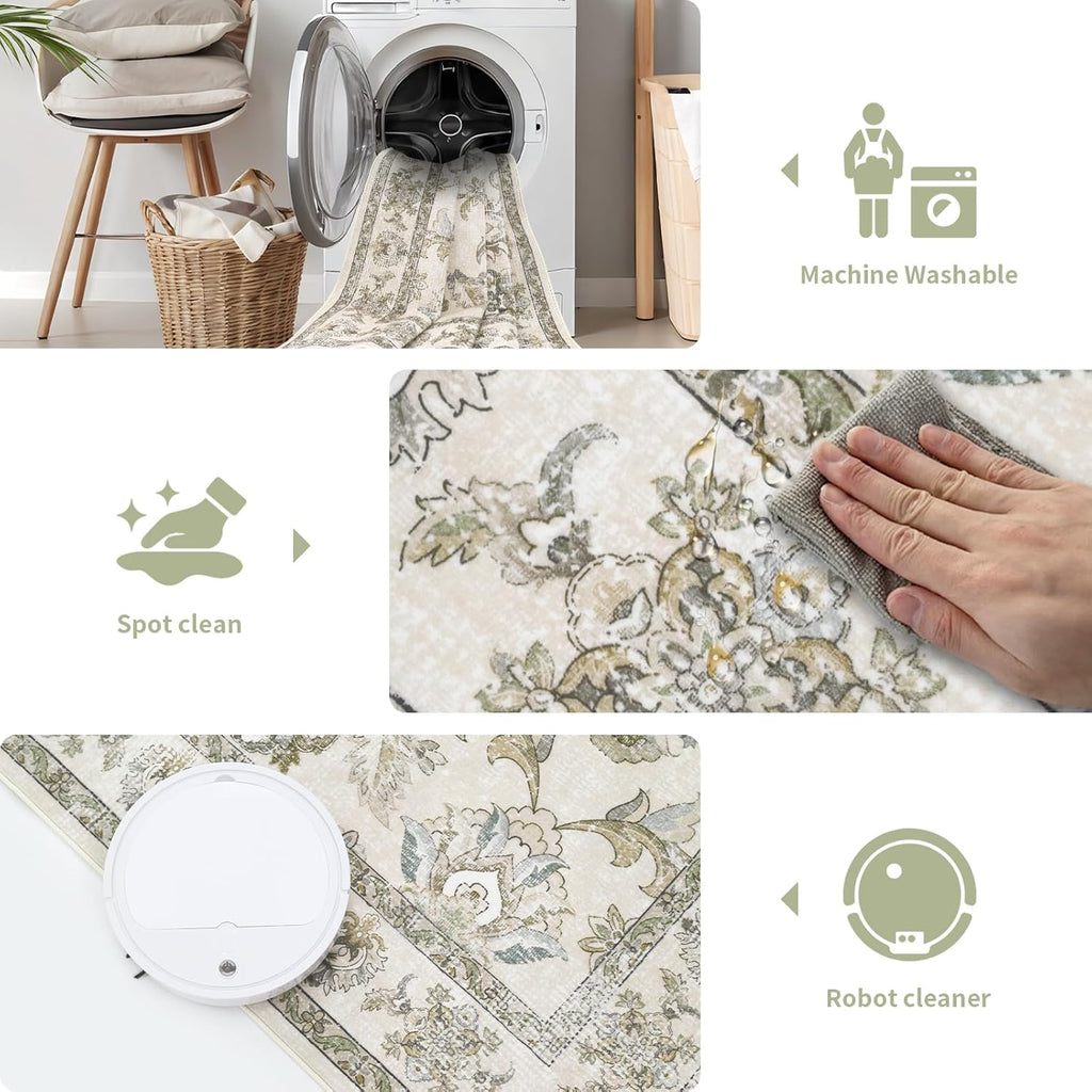 Round 8Ft Washable Area Rug,Vintage Floral Low Pile Non Slip Carpet Non-Shedding Rug Soft Stain Resistant Mat for Living Room Bedroom Beige and Sage Green