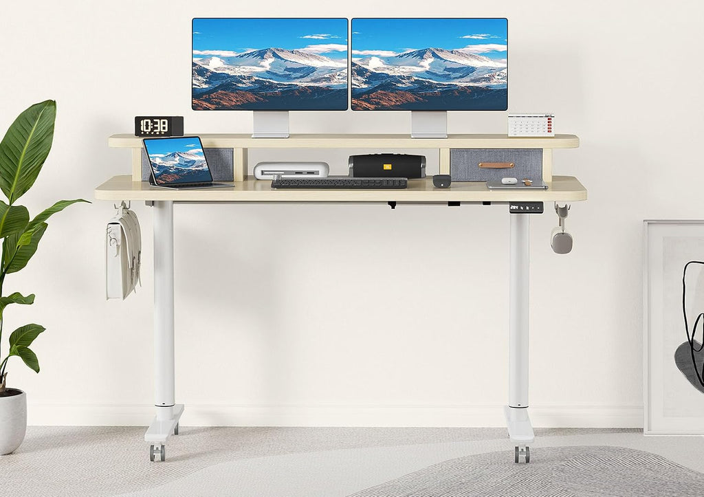 Flycity Electric Standing Desk with Dual Drawers, 55' x 24' Height Adjustable Desk Sit Stand Desk with Memory Controller, Casters & 2 Hooks, Ergonomic Low Noise Home Office Desk, Maple