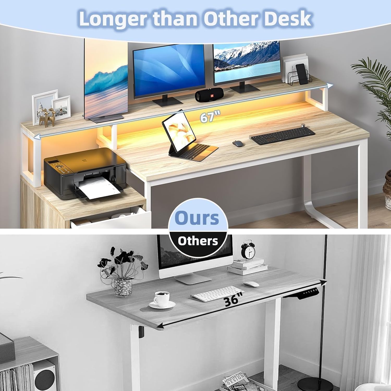 MaverickFurni 67' Home Office Desk with Drawers, Reversible Computer Desk with Moniter Stand and LED Lights, Long Desk with Printer Shelf, White and Walnut