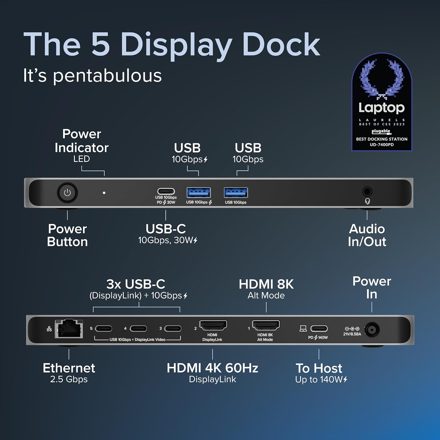 Plugable 5 Monitor USB-C Docking Station with 140W Power + 3X USB-C to HDMI 4K@60Hz Cables (6ft) - Complete Multimonitor Dock Bundle for Mac and Windows