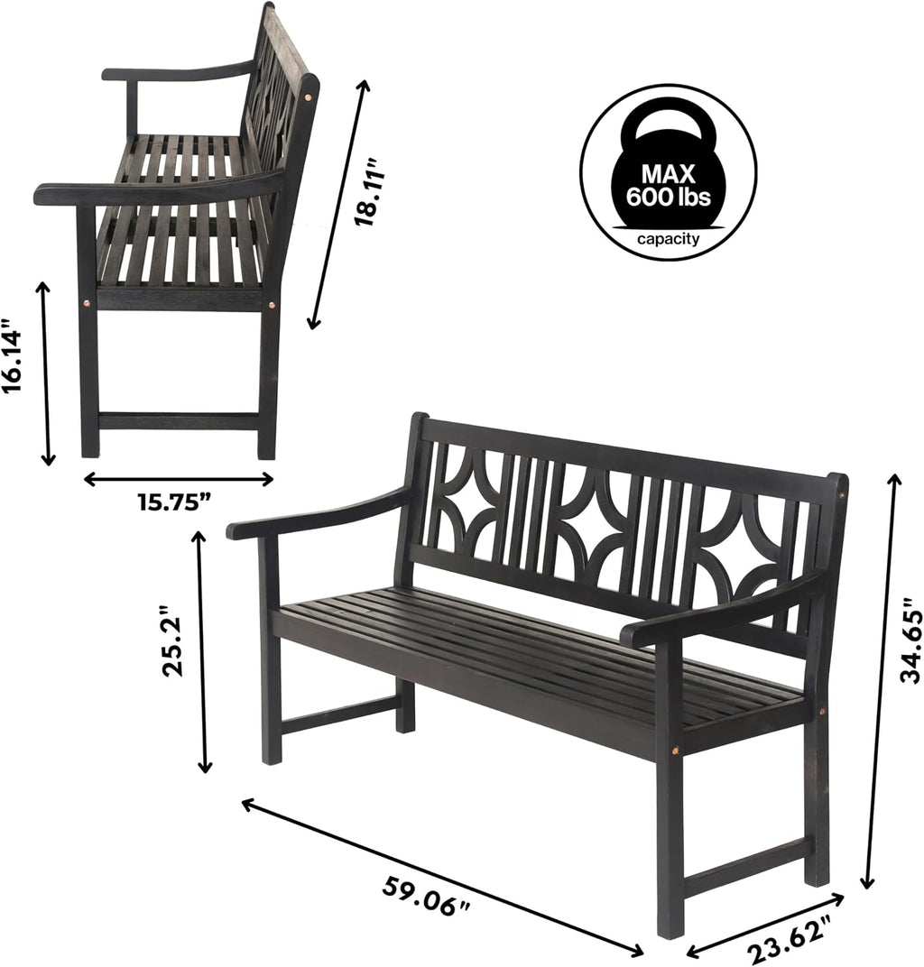 JONATHAN Y BNH100C Sloane 59.1' 3-Seat Ogee Diamond-Back 600-Lbs Support Acacia Wood Outdoor Garden Patio Bench for Garden, Lawn, Backyard, Pool, Deck, Beach, Firepit, Black