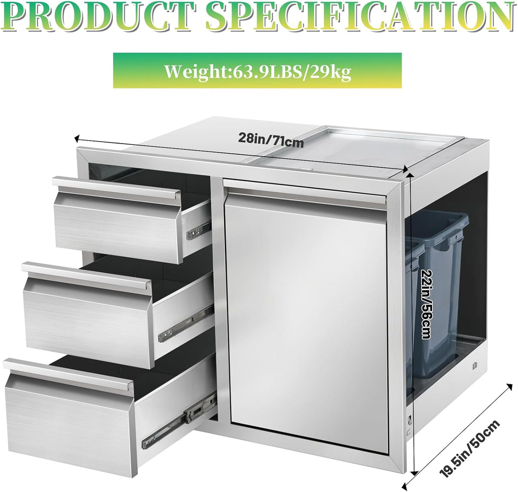 Outdoor Kitchen Drawer Combo Stainless Steel Outdoor Triple Drawers with Trash Bin Compartment & Dual Trash Cans, 28' W x 22' H x 19.5' D Outdoor Kichen Cabinet for Grill Station