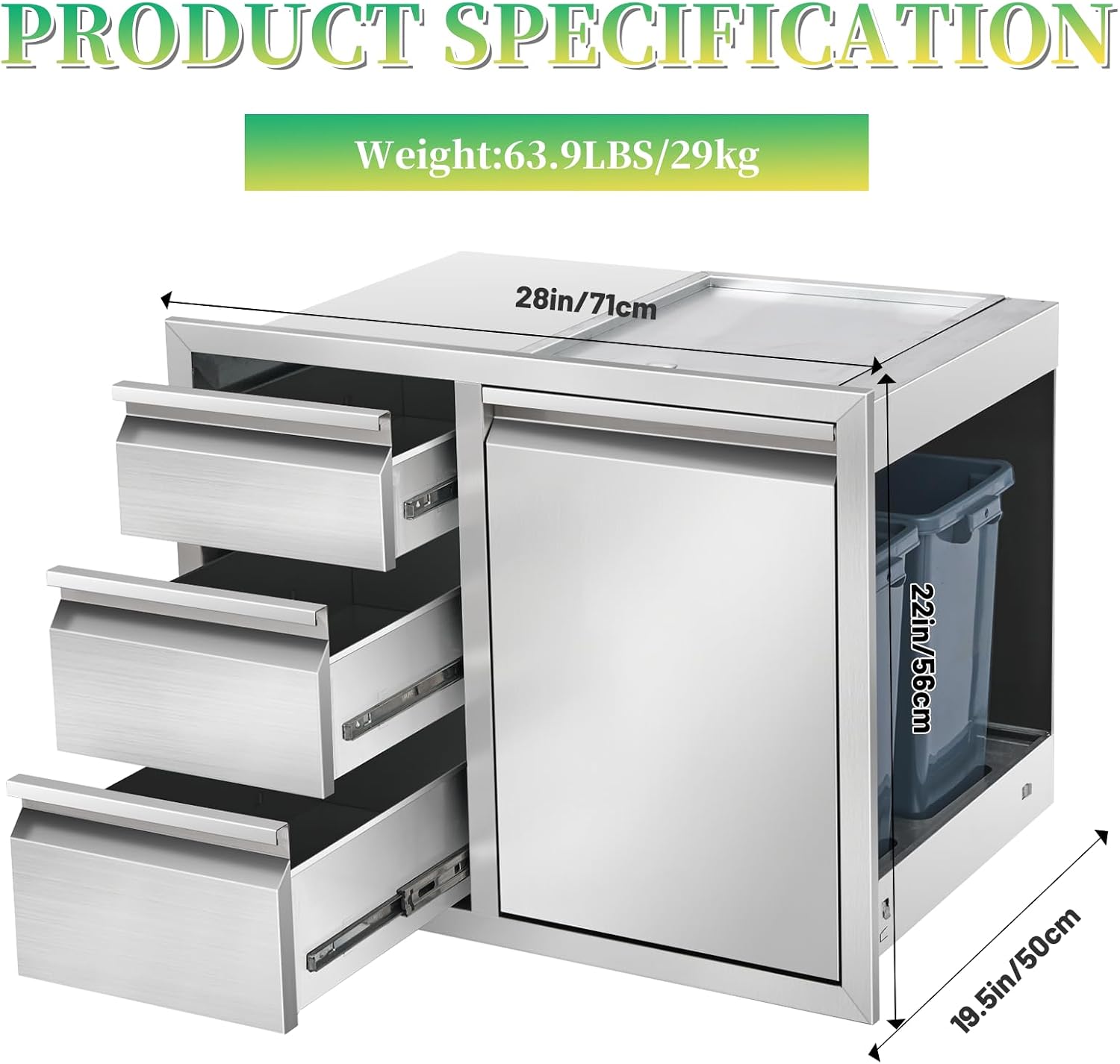 Outdoor Kitchen Drawer Combo Stainless Steel Outdoor Triple Drawers with Trash Bin Compartment & Dual Trash Cans, 28' W x 22' H x 19.5' D Outdoor Kichen Cabinet for Grill Station