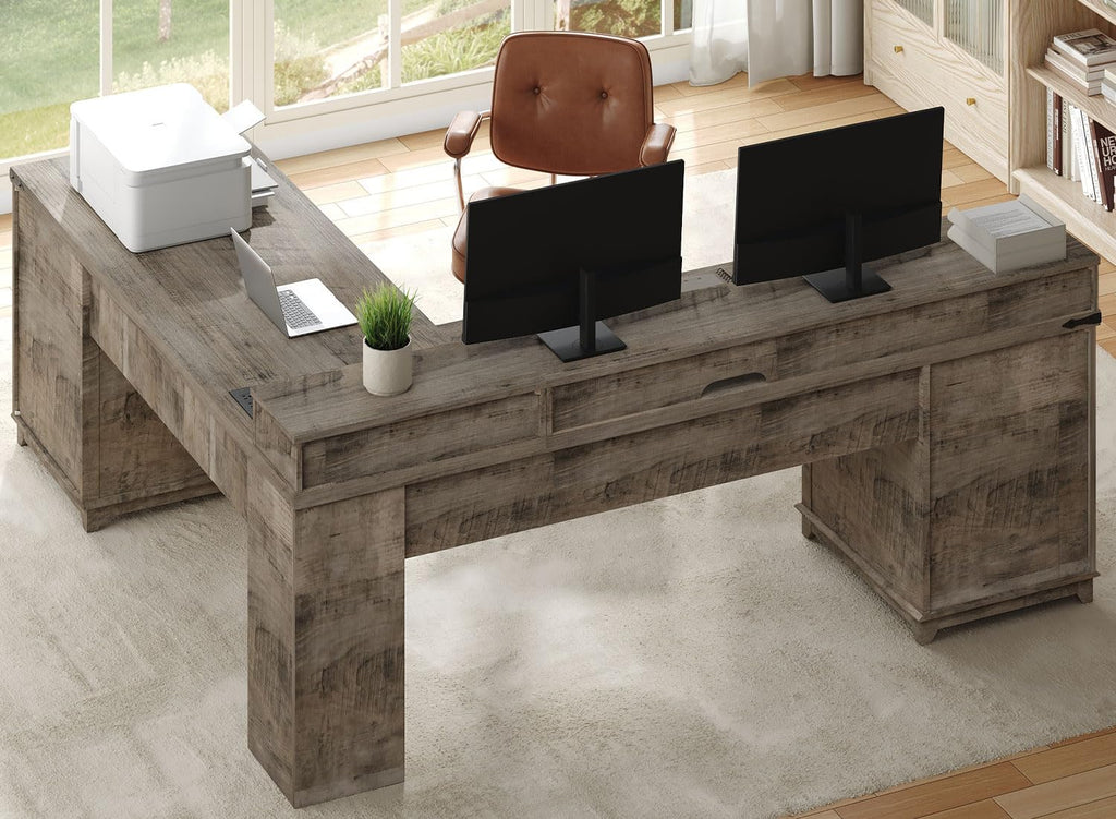 RALGEND Farmhouse 69' Executive L Shaped Desk with Drawer, Home Office Desk with Charging Station, Corner Computer Desk with Monitor Stand, File Drawer, Storage Cabinet, Greige