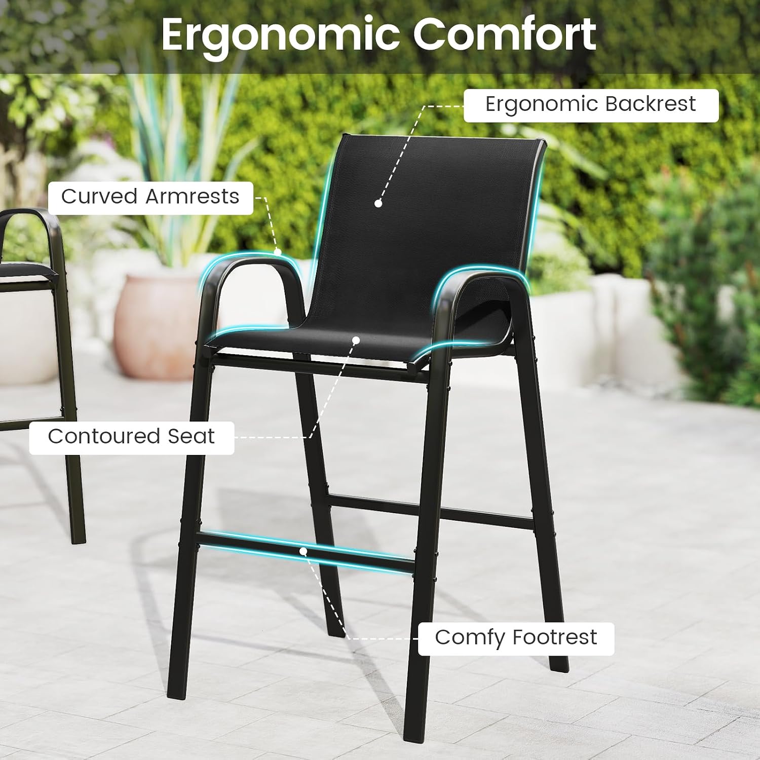 Tangkula 3 Piece Outdoor Bar Set, Patio Bar Height Table & Armchairs with Footrest, Wood Plastic Tabletop & 2-Tier Shelf, Heavy-Duty Metal Barstools & Table Furniture for Backyard, Poolside (Black)