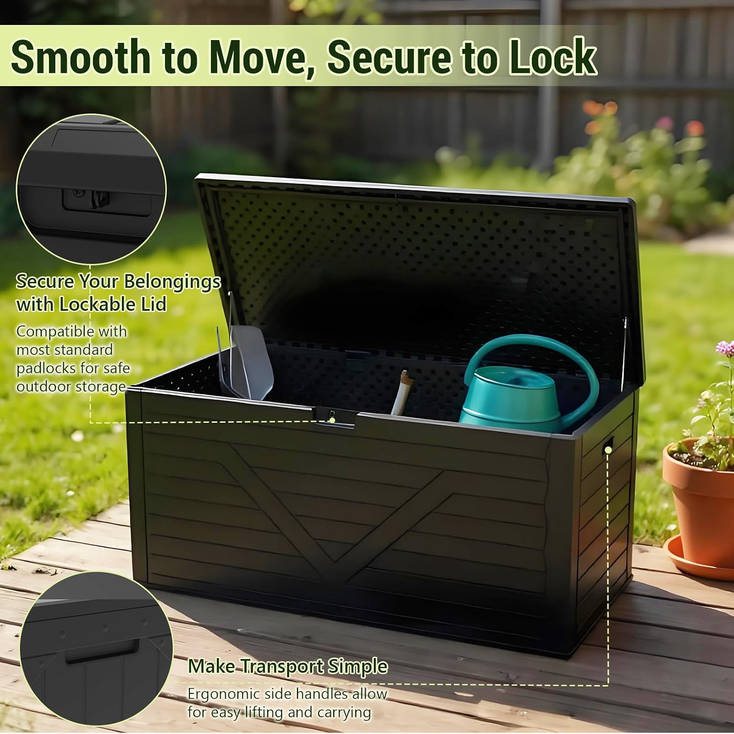 260 Gallon Outdoor Storage Box, Waterproof Resin Double-Wall Deck Box Organizer with Removable Dividers for Patio Cushion Storage, Lockable Outside Container for Garden Tools