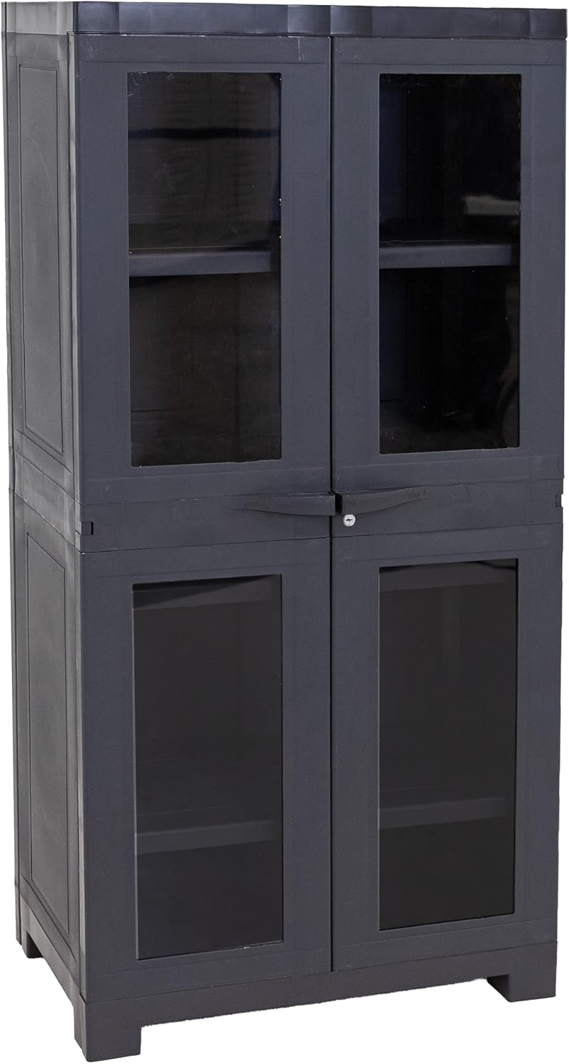 Sunnydaze 48.75' H Resin Garage Storage Cabinet - Garage Cabinet with 4 Acrylic Glass Doors - Freestanding Utility Storage for Laundry Room, Office, Basement - Charcoal