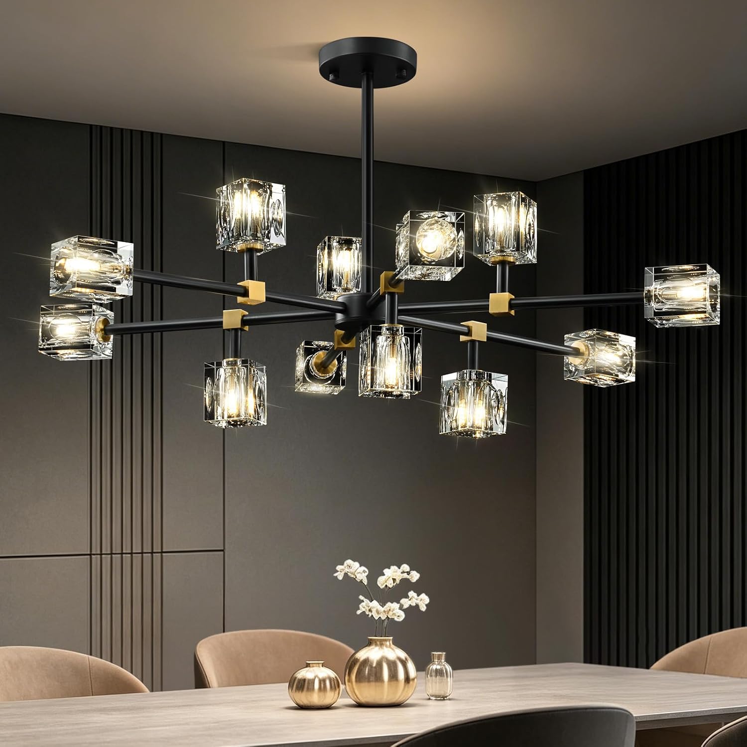 Modern Sputnik Crystal Kitchen Chandelier - Luxury Elegant 12 Light Adjustable Height Pendant Lighting Ceiling Fixture - Black and Gold Brushed Brass Chandeliers for Dining Room Living Room Island