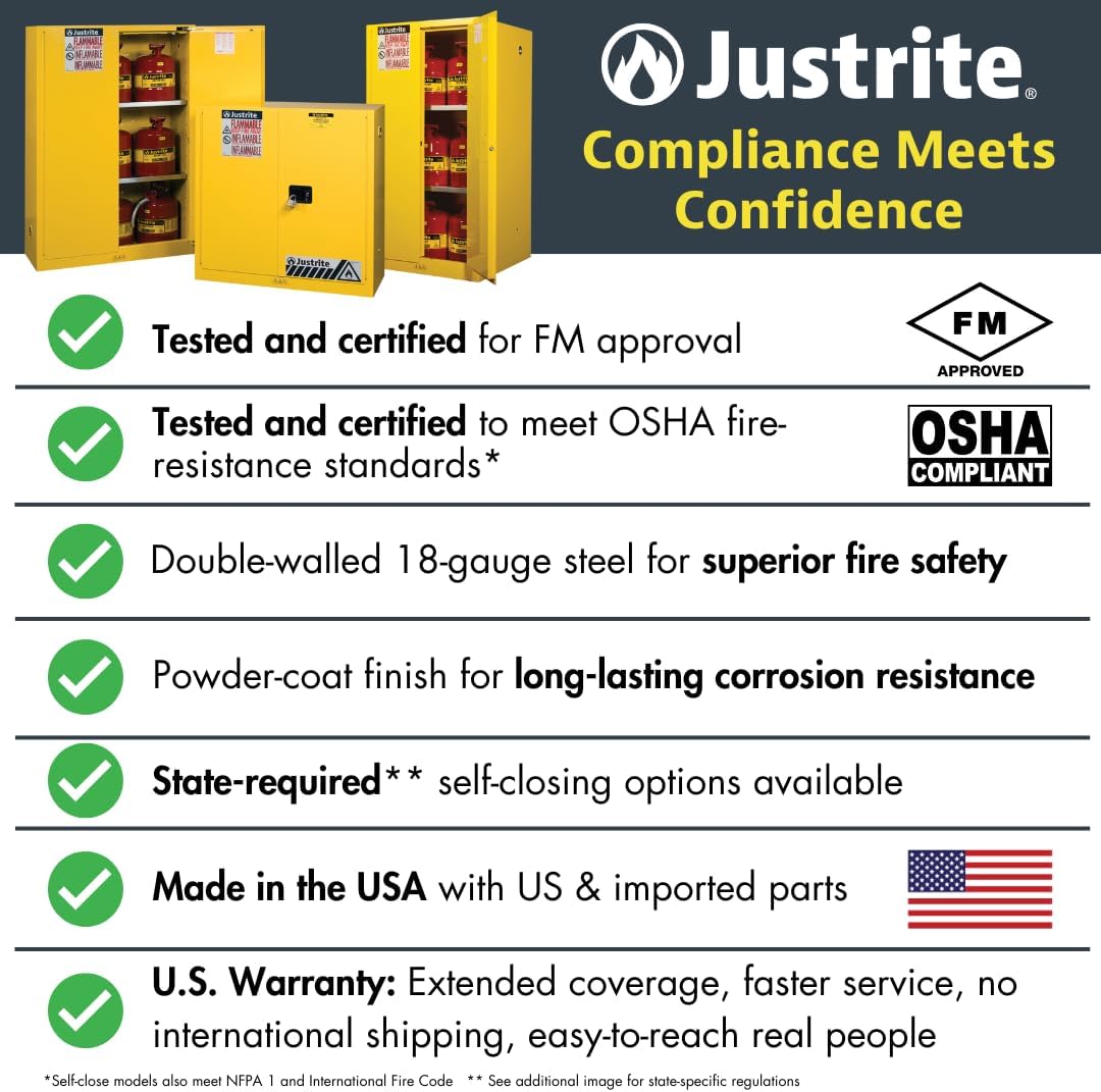 Justrite 45 Gallon Manual Close Flammable Storage Cabinet, 18 Gauge Steel, 2 Shelves, 2 Door Fire Cabinet, 65' x 43' x 18', Made in The USA, Yellow, 894500