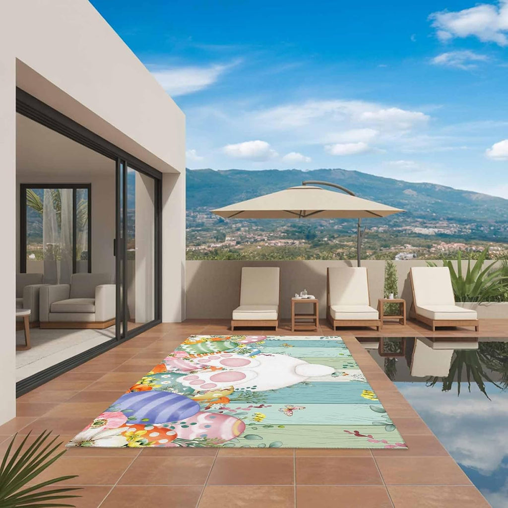Cute Easter Bunny Outdoor Rug for Patio/Deck/Porch, Non-Slip Large Area Rug 6 x 9 Ft, Eucalyptus Leaves Colorful Eggs Wooden Indoor Outdoor Rugs Washable Area Rugs, Camping Rug Carpet Runner