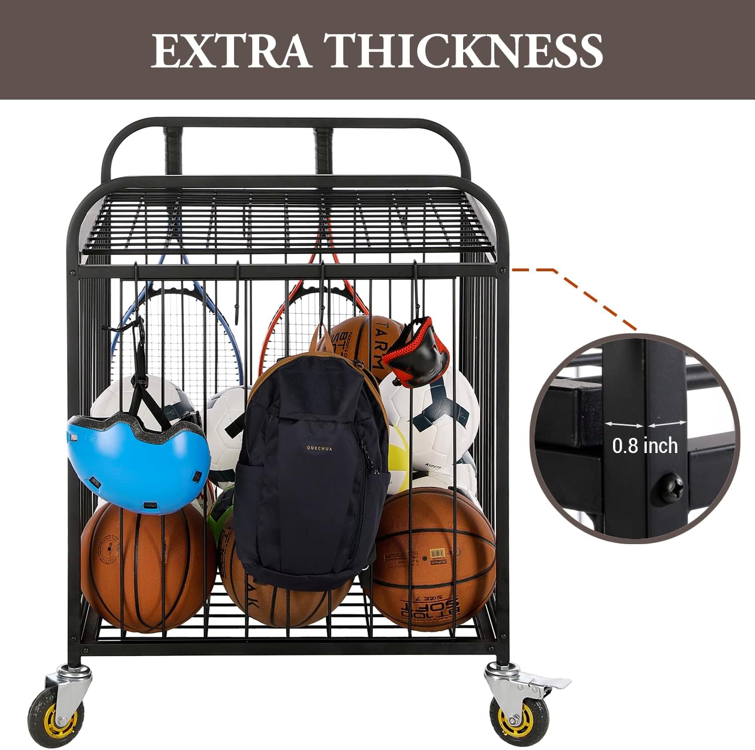 MyGift Large Capacity Metal Rolling Multi Sports Ball Cage Storage Hopper, Gym Equipment Basket Cart with Lockable Latch, Heavy Duty Caster Wheels, and 8 Accessory Hooks