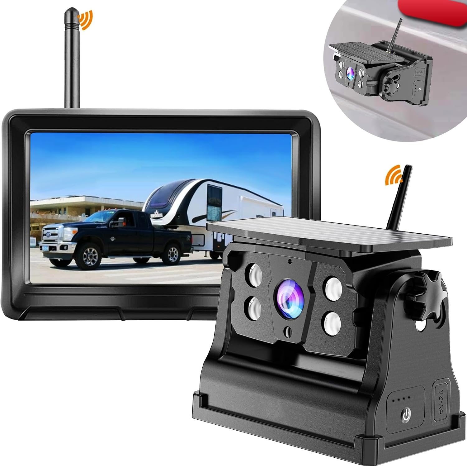 Wireless Backup Camera Solar Magnetic for RV Car Trailer Truck Camper 5th Wheels Hitch Towing No Wiring No Drilling Rechargeable Night Vision Portable Backup Camera with 5' 1080P HD 2-Split Monitor