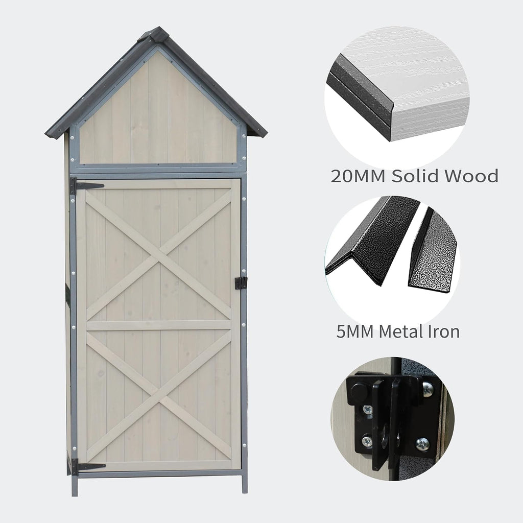 Outdoor Storage Shed with Floor, 68' Tall Wood Garden Tool Shed, Metal Framed Tool Cabinet with Adjustable Shelves, Outside Vertical Tool Shed