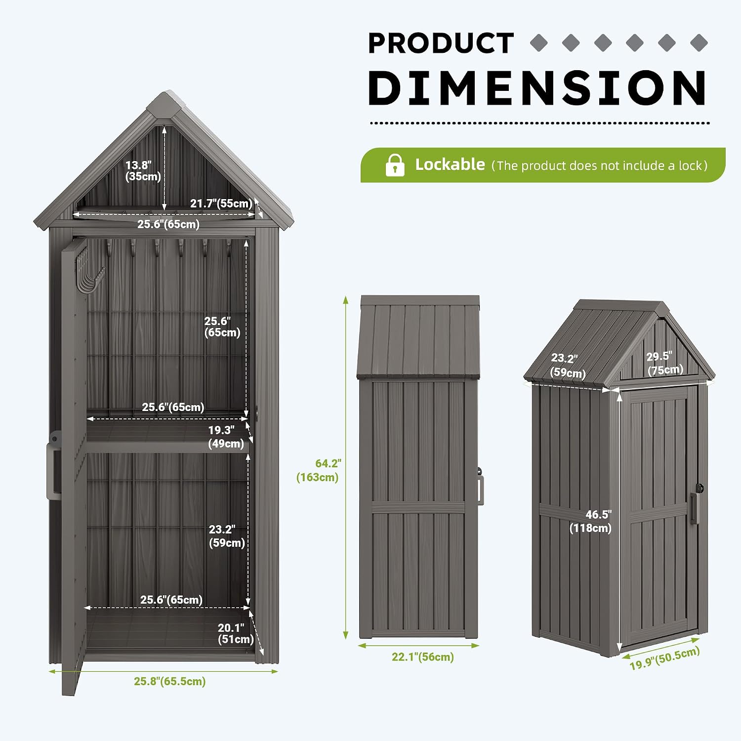 Vertical Outdoor Storage Shed, Waterproof Resin Outdoor Storage Cabinet with Removable Shelves & 12 Hooks, Lockable Small Tool Shed for Garden, Backyard, Patio, Pool, Gray