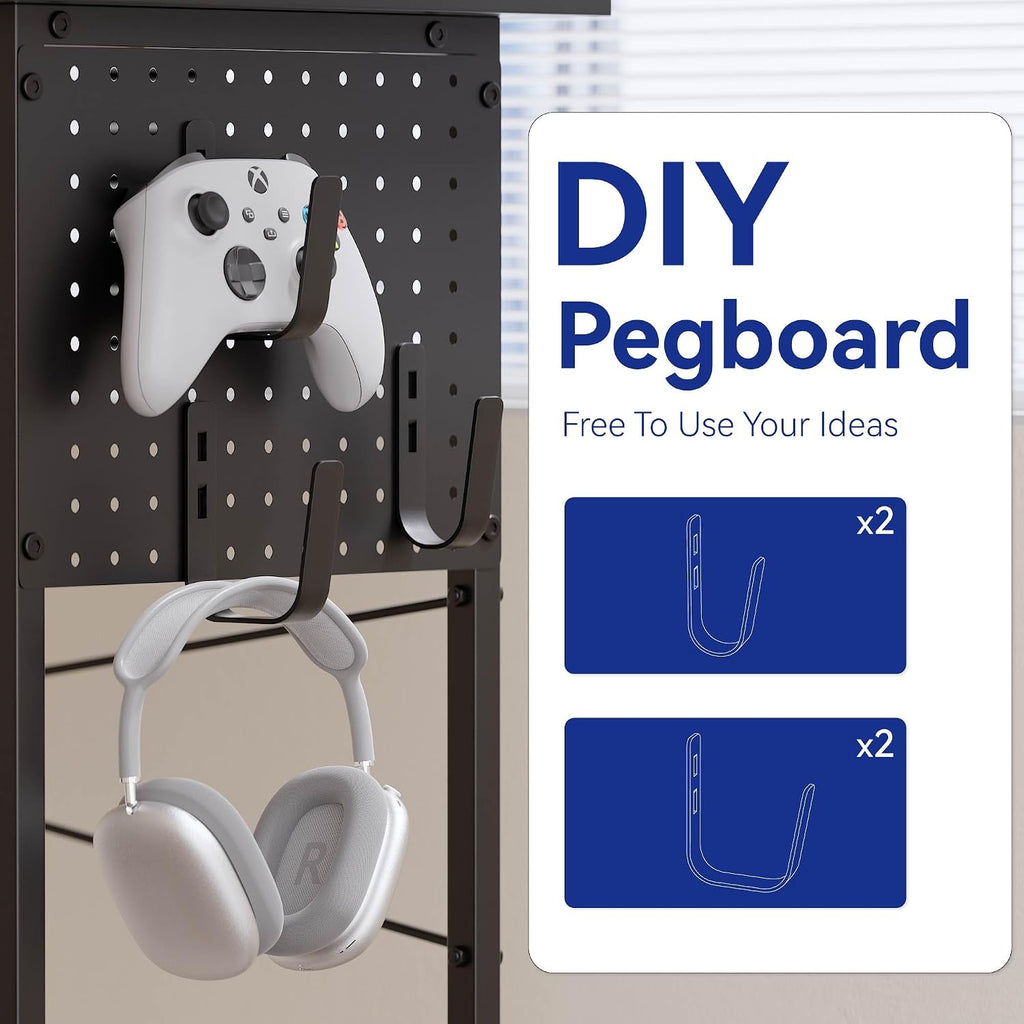 Pamray 64 Inch L Shaped Gaming Desk with Power Outlets and Led Lights, Large Corner Computer Desk with Monitor Stand and Pegboard, PC Table for Home Office and Bedroom White